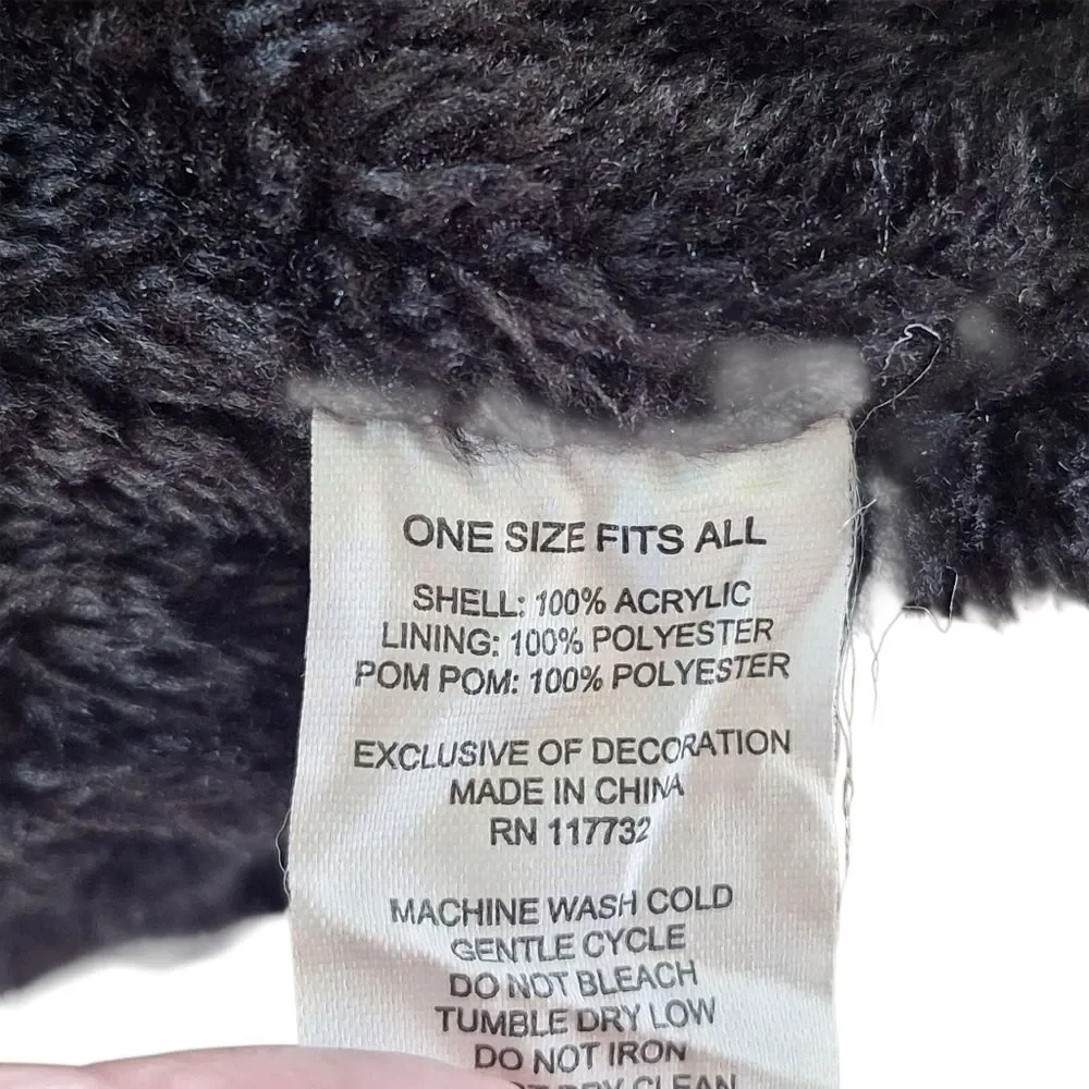 Women's Beanie Hat Black Cable Knit with Fuzzy Pom Pom Top Plushy Lining OS